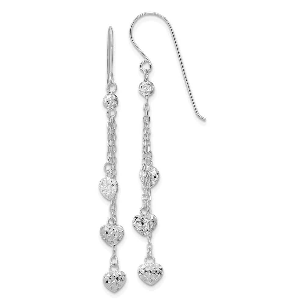 14k White Gold Diamond-cut Triple Heart and Chain Dangle French Hook Earrings
