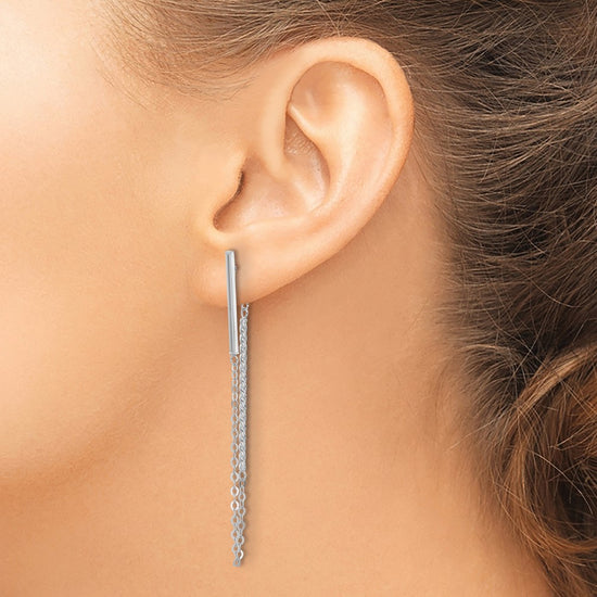 14k White Gold Polished and Twisted Bar w/Chain Post Earrings