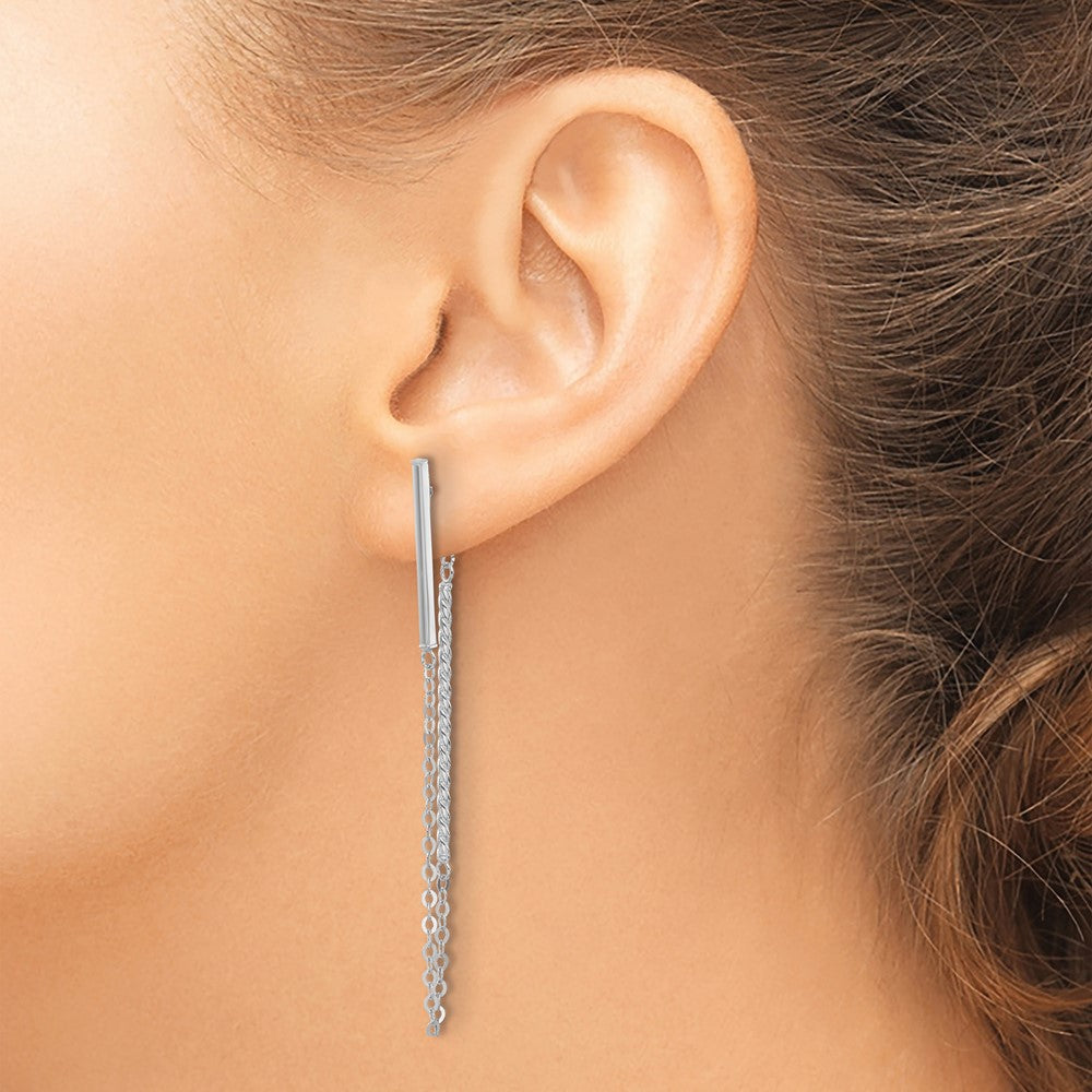 14k White Gold Polished and Twisted Bar w/Chain Post Earrings