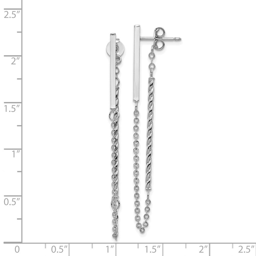 14k White Gold Polished and Twisted Bar w/Chain Post Earrings