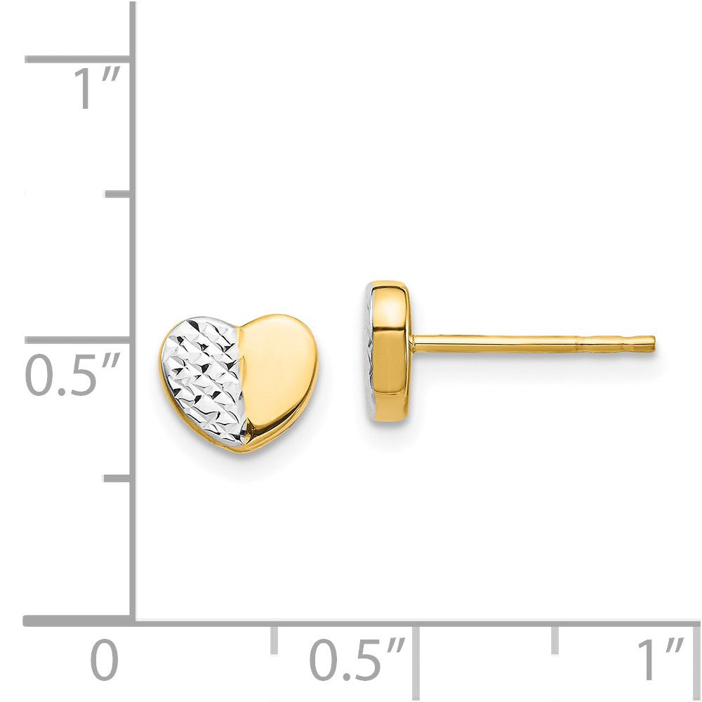 14K and White Rhodium Diamond-cut Heart Post Earrings