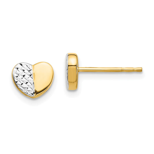 14K and White Rhodium Diamond-cut Heart Post Earrings