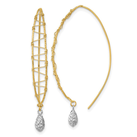 14k Two-tone Polished Wire-Wrapped Diamond-cut Dangle Threader Earrings