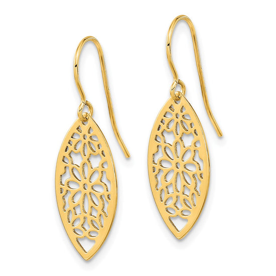 14k Polished Flower in Oval Frame Dangle French Hook Earrings