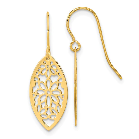 14k Polished Flower in Oval Frame Dangle French Hook Earrings