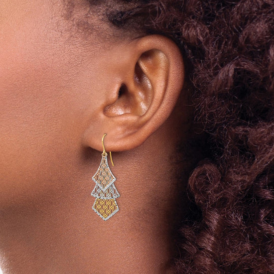 14k Tri-color Diamond-cut Polished Filigree Dangle French Hook Earrings