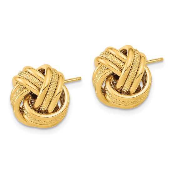14k 13mm Polished Textured Triple Love Knot Post Earrings