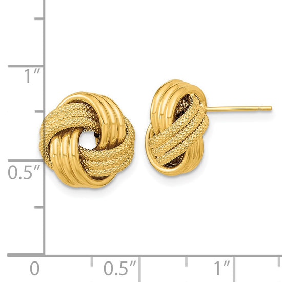 14k 12.5mm Polished Textured Triple Love Knot Post Earrings