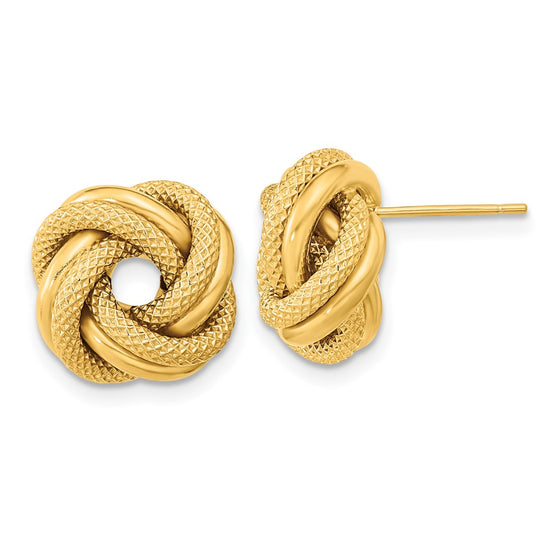 14k 13.5mm Polished Textured Double Love Knot Post Earrings