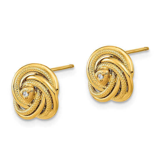 14K 10.5mm Polished Textured CZ Love Knot Post Earrings