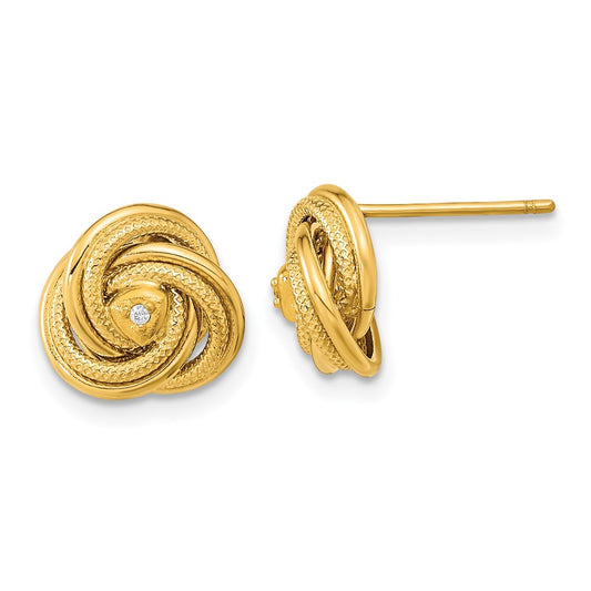 14K 10.5mm Polished Textured CZ Love Knot Post Earrings