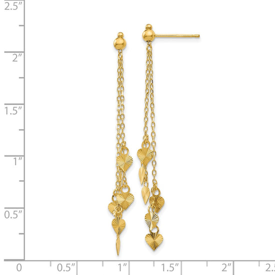 14K Diamond-cut Hearts and Chain Dangle Post Earrings