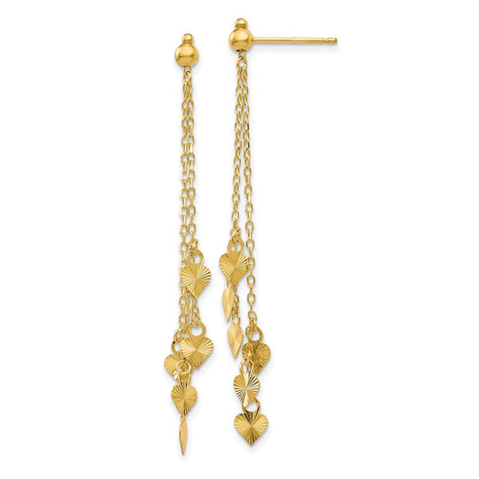14K Diamond-cut Hearts and Chain Dangle Post Earrings