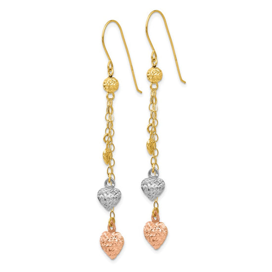 14k Tri-color Diamond-cut Puffed Heart and Chain Dangle French Hook Earrings
