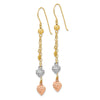 14k Tri-color Diamond-cut Puffed Heart and Chain Dangle French Hook Earrings