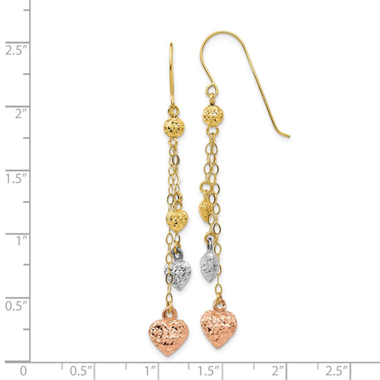 14k Tri-color Diamond-cut Puffed Heart and Chain Dangle French Hook Earrings