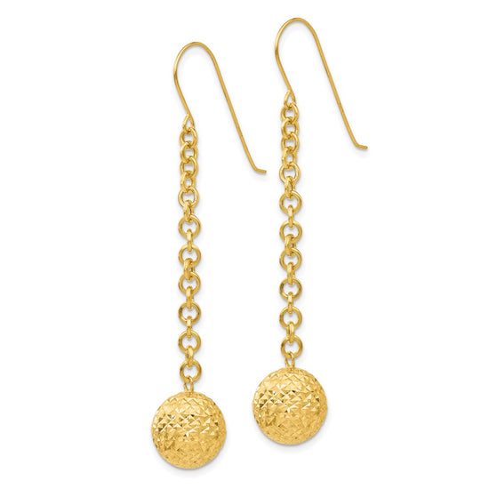 14k Diamond-cut 10mm Hollow Bead and Chain Dangle French Hook Earrings
