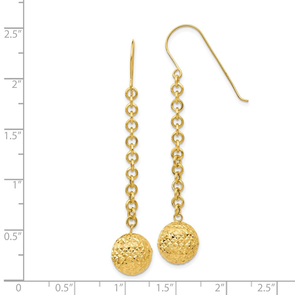 14k Diamond-cut 10mm Hollow Bead and Chain Dangle French Hook Earrings