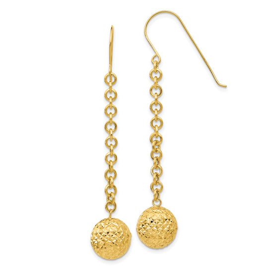 14k Diamond-cut 10mm Hollow Bead and Chain Dangle French Hook Earrings