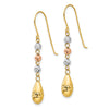 14k Tri-color Diamond-cut Puffed Teardrop Beaded Dangle French Hook Earrings