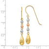 14k Tri-color Diamond-cut Puffed Teardrop Beaded Dangle French Hook Earrings