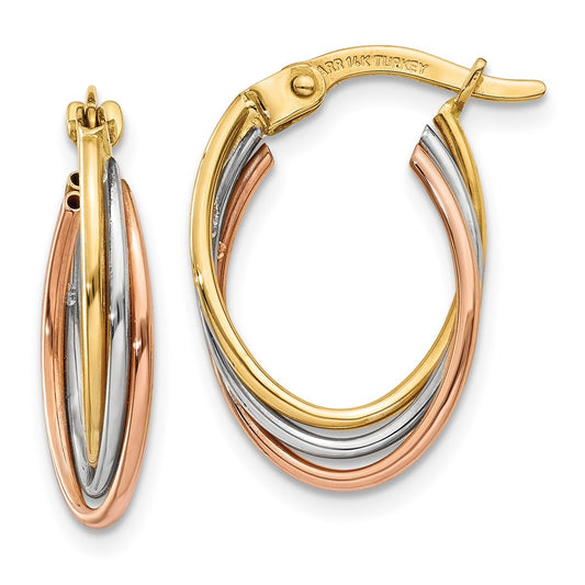 Gold Tri-color Twisted Oval Hoop Earrings