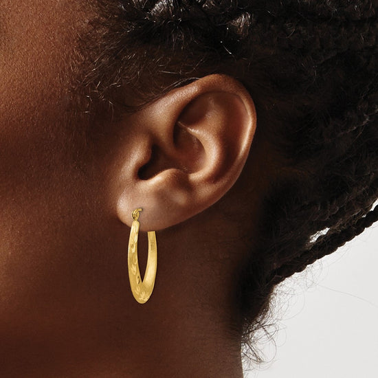 14K Satin Diamond Cut Hollow Hoop Earrings