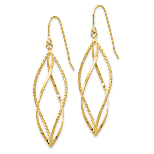 14k Polished and Textured Twisted Dangle French Hook Earrings