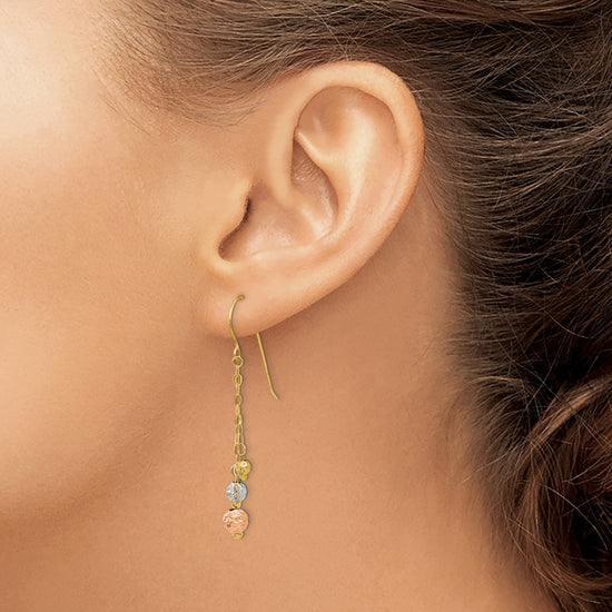 14K Tri-color Diamond-cut Beads and Chain Dangle French Hook Earrings