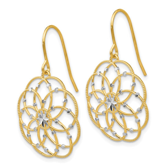 14k and White Rhodium Diamond-cut Floral Dangle French Hook Earrings