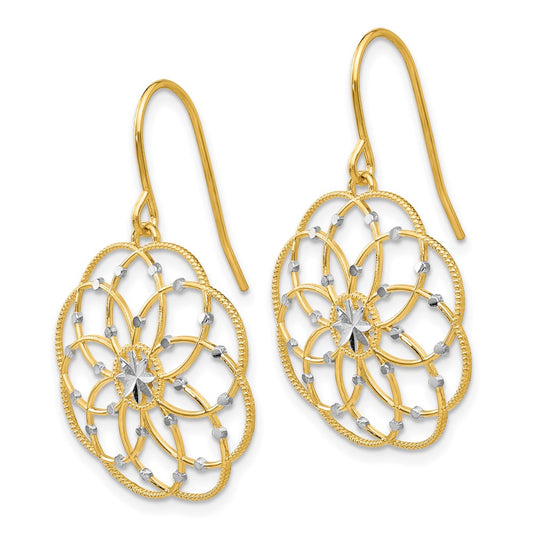 14k and White Rhodium Diamond-cut Floral Dangle French Hook Earrings