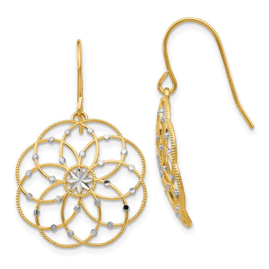 14k and White Rhodium Diamond-cut Floral Dangle French Hook Earrings