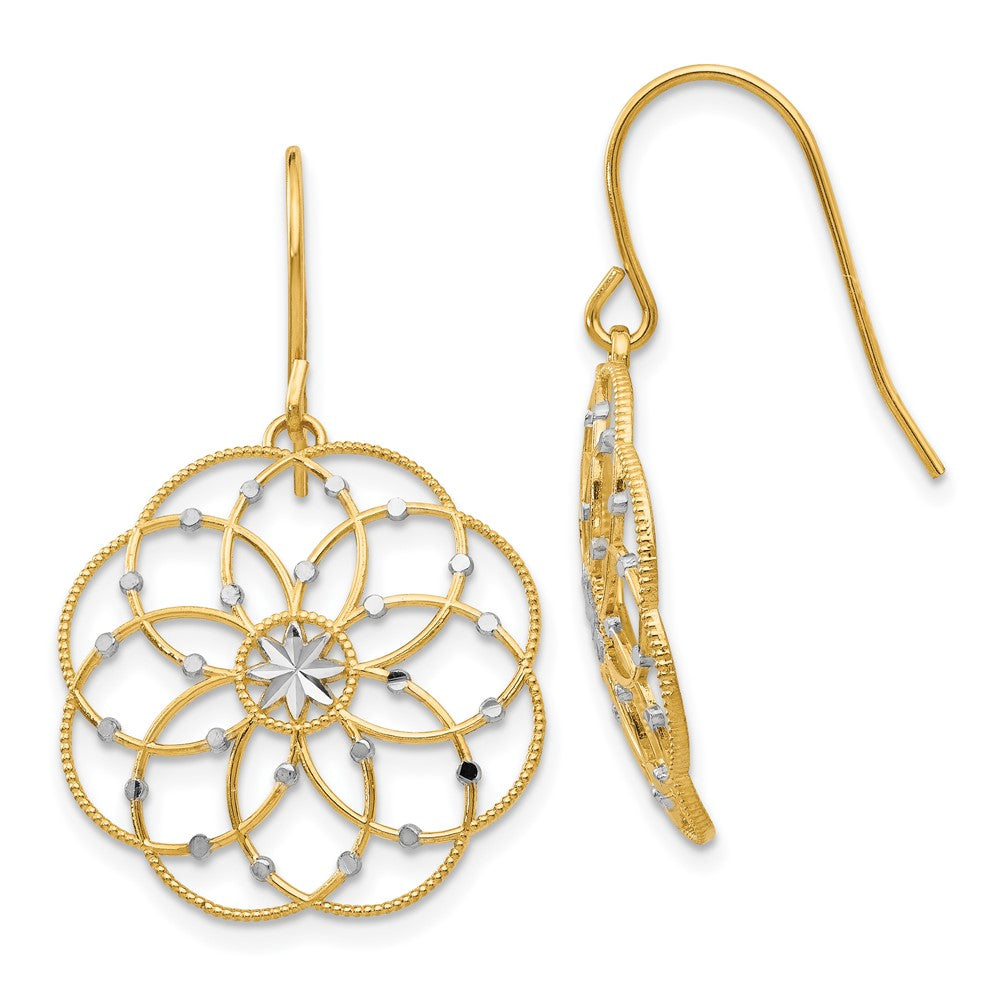 14k and White Rhodium Diamond-cut Floral Dangle French Hook Earrings