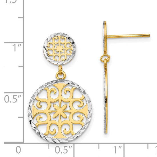 14k and White Rhodium Diamond-cut Filigree Circles Dangle Post Earrings
