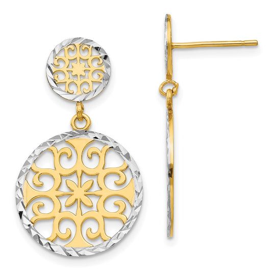 14k and White Rhodium Diamond-cut Filigree Circles Dangle Post Earrings