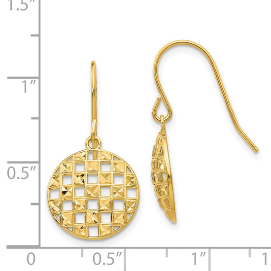 14k Circle Diamond-cut Checkerboard Dangle French Hook Earrings