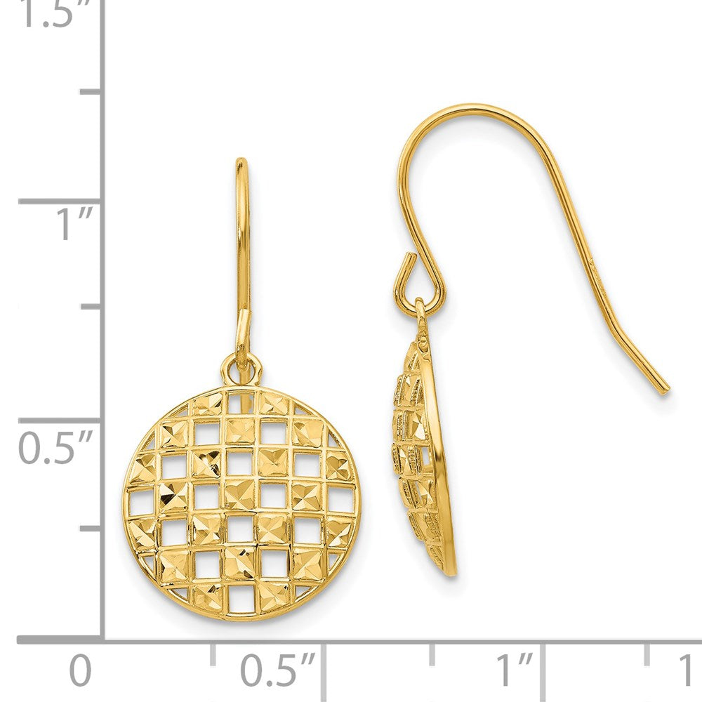 14k Circle Diamond-cut Checkerboard Dangle French Hook Earrings