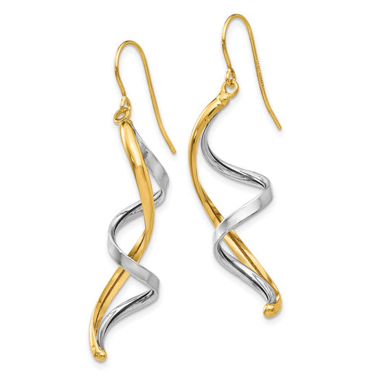14k Two-tone Polished Fancy Spiral Dangle French Hook Earrings