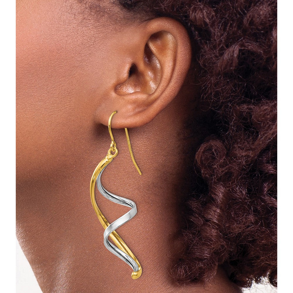 14k Two-tone Polished Fancy Spiral Dangle French Hook Earrings