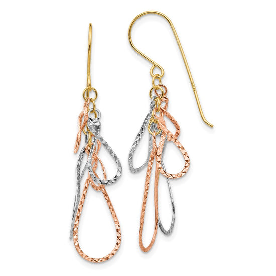 14K Tri-color Diamond-cut Teardrops Dangle French Hook Earrings