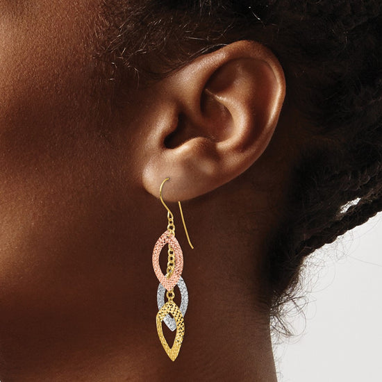 14K Tri-color Diamond-cut Leaves Dangle French Hook Earrings
