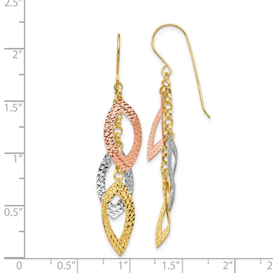 14K Tri-color Diamond-cut Leaves Dangle French Hook Earrings