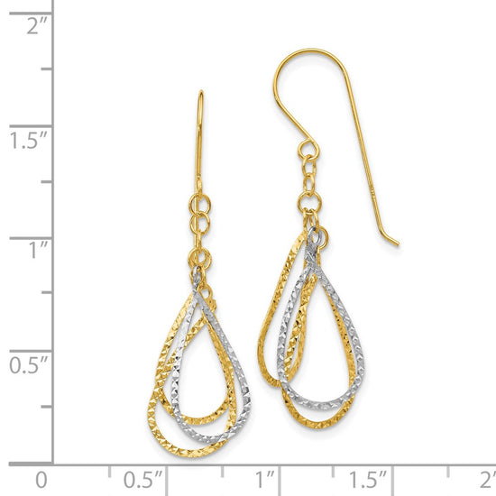 14K Two-tone Diamond-cut Teardrops Dangle French Hook Earrings