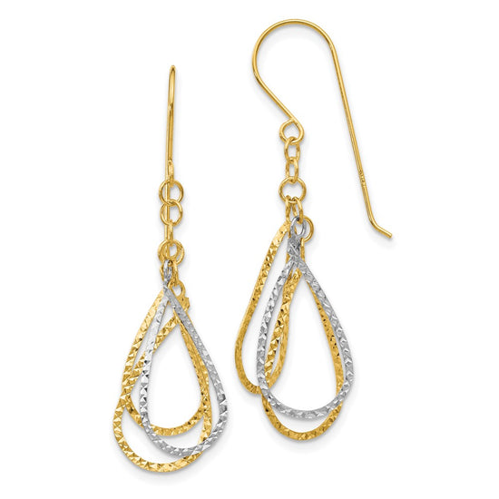 14K Two-tone Diamond-cut Teardrops Dangle French Hook Earrings