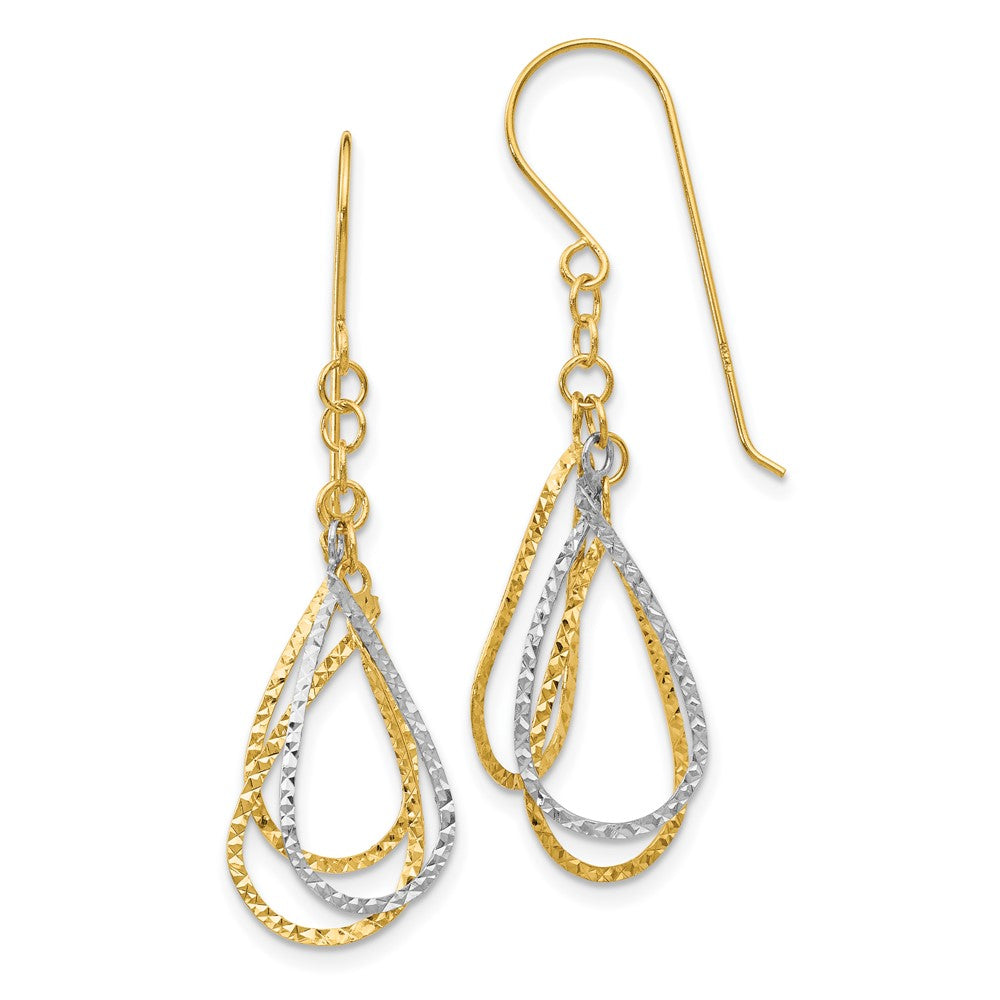 14K Two-tone Diamond-cut Teardrops Dangle French Hook Earrings