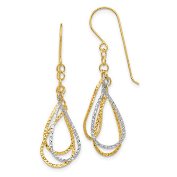 14K Two-tone Diamond-cut Teardrops Dangle French Hook Earrings