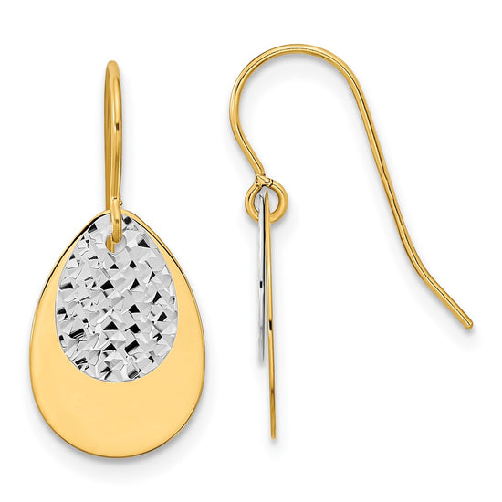 14k Two-tone Polished/Textured Teardrop Dangle Earrings