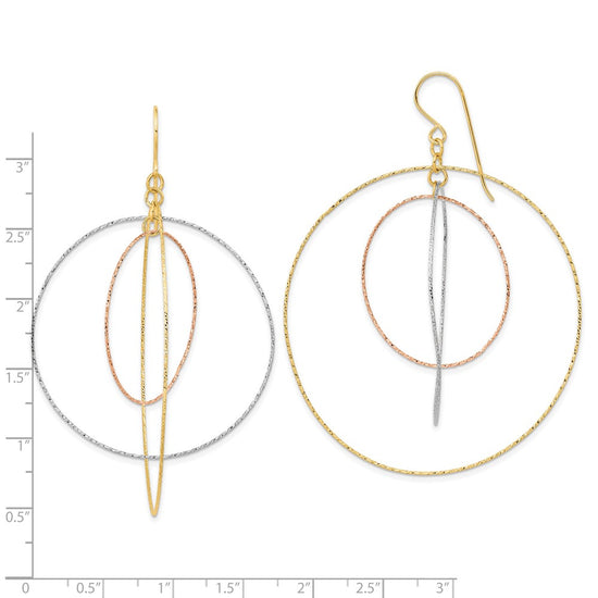 14k Tri-color Diamond-cut Graduated Circles Dangle French Hook Earrings