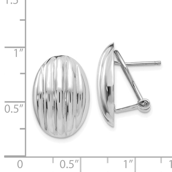 14k White Gold 14x19mm Oval Polished Fancy Ribbed Omega Back Post Earrings