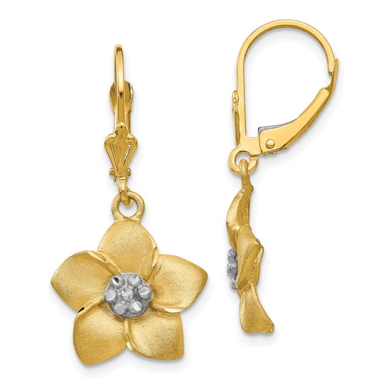 14K and White Rhodium Satin Diamond-cut Large Plumeria Dangle Leverback Earrings